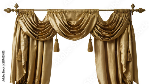Konstfotografi Golden silk swag curtains with tassels, isolated on transparent background