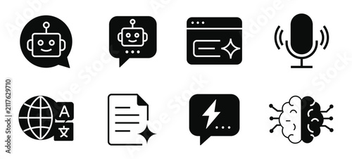 Icons representing artificial intelligence features display various symbolic graphics for chatbot interactions, digital document editing, web generation tools, and advanced neural network processing.