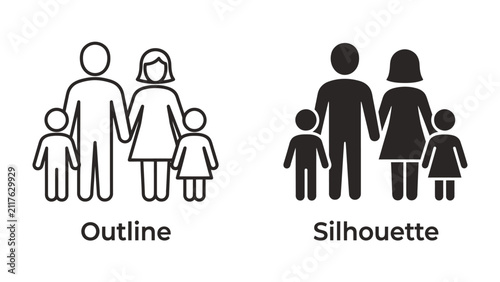 Bild auf Leinwand Family Icon: A depiction of a family unit, presented in both outline and silhouette styles, symbolizing lineage and kinship