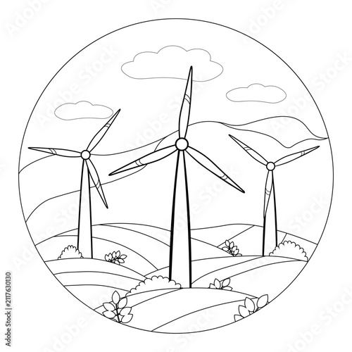 coloring Modern wind turbine vector illustration. Renewable clean energy generator. Green technology and sustainable ecology concept. vector illustration