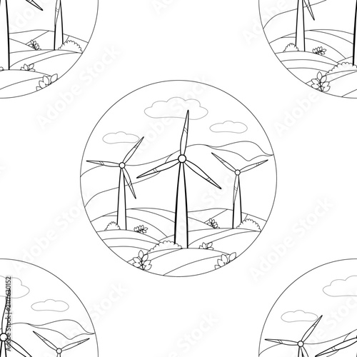 seamless pattern coloring Modern wind turbine vector illustration. Renewable clean energy generator. Green technology and sustainable ecology concept. vector illustration
