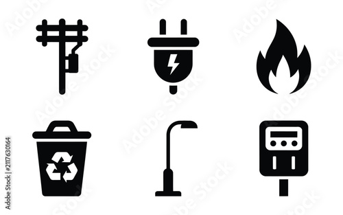 Public utilities vector icon set featuring utility pole power plug fire flame trash bin street light electric meter black silhouette