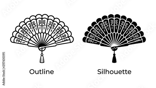Outline and Silhouette of a Traditional Folding Fan: A clear outline and a dark silhouette of a decorative folding fan, showcasing intricate details and a tassel.