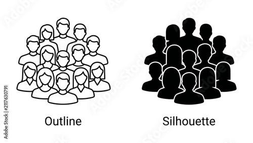 Group of People Icons: A visual comparison showcasing two distinct icon styles, outline and silhouette, representing a group of people, perfect for illustrating concepts of community and population.