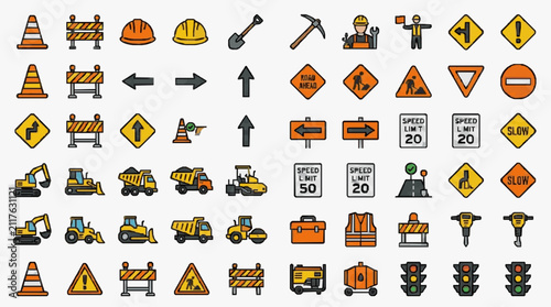 Modern Colorful Construction and Road Work Icons Set Featuring Safety Gear Vehicles Signs and Equipment