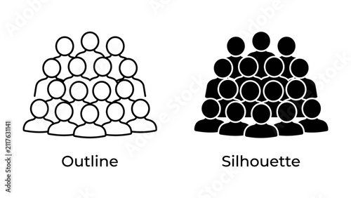 Crowd Icons: Two distinct icons, one outlined and one silhouetted, depict a group of people in a stacked formation, representing a crowd or audience.