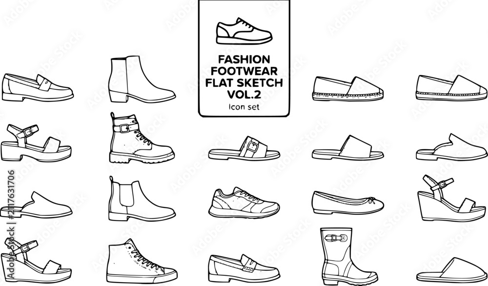 Fototapeta premium Fashion Footwear Technical Flat Sketch Icon Set Vol 2 with Loafer, Ankle Boot, Platform Sandal and Chelsea Boot, 15 Shoes for Footwear Brand and Fashion Design, CAD Outline