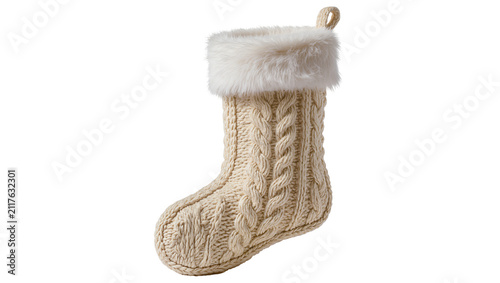 Bild auf Leinwand Cream cable knit Christmas stocking with white faux fur trim, isolated on transp