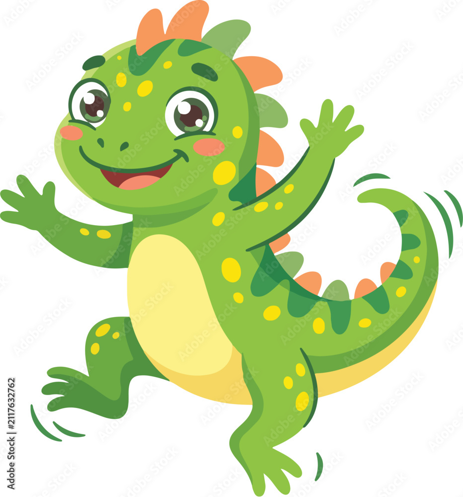 Fototapeta premium A cute cartoon iguana character, a playful green reptile with yellow spots, jumping with joy in a fun cartoon vector