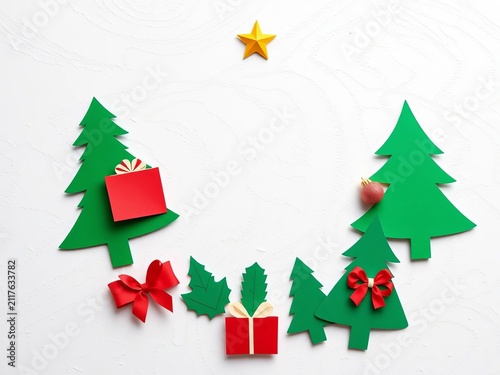 Whimsical paper cutouts form a festive Christmas tree shape on a textured white background, winter, festive