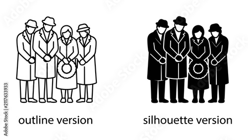 Group of People Paying Respect: An outline and silhouette illustration depicts a solemn group of individuals, men and women, standing together with bowed heads and hands clasped.
