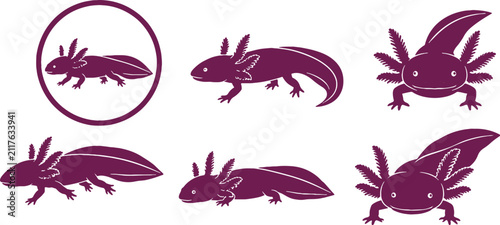 Axolotl Black Silhouette Icon Set Aquatic Salamander Amphibian Vector