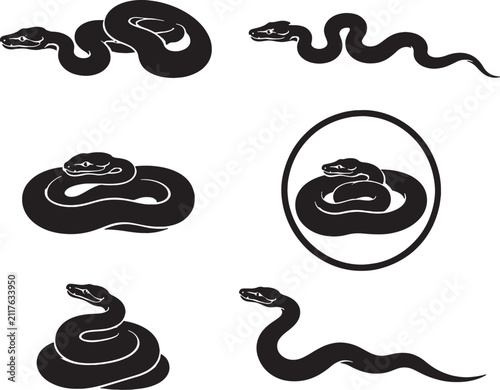 Ball Python Silhouette Icon Set Black Vector Snake Collection Isolated