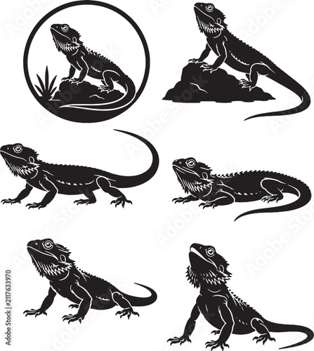 Bearded Dragon Silhouette Icon Set Black Vector Pet Lizard Collection