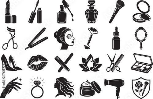 Beauty Cosmetics Makeup Salon Silhouette Icon Set Black Vector Collection Isolated on White Background