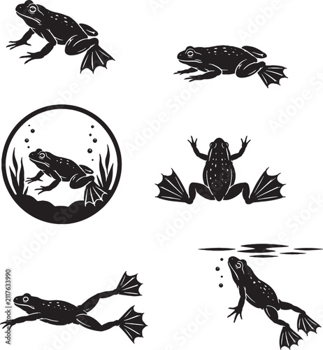 African Dwarf Frog Silhouette Icon Set Black Vector Aquarium Amphibian Collection