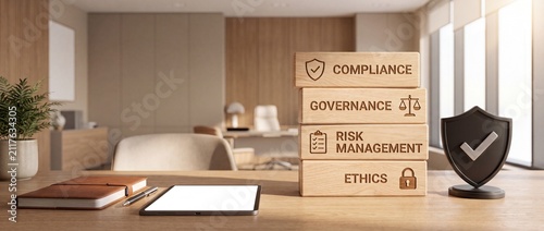 Business compliance and governance concepts illustrated with wooden blocks and security shield in modern office setting with set contemporary office environment natural light