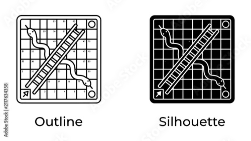 Obraz na płótnie Snakes and Ladders Icon: A minimalist depiction of the classic board game, Snakes and Ladders, presented in both outline and silhouette versions