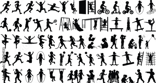 Children Playing Silhouette Collection with Sports Playground Activities and Active Kids Vector Set