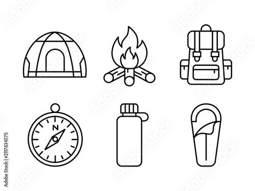Camping and Outdoor Adventure Minimalist Line Icon Set