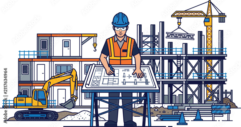 Fototapeta premium Construction Engineering Site Illustration with Architect, Blueprint, Crane, and Building Development Vector
