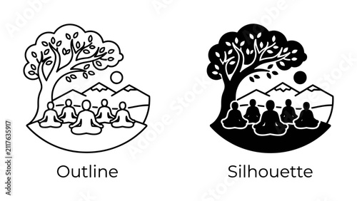 Foto Spiritual Serenity: Two stylized depictions, an outline and a silhouette, showcase a group meditating peacefully under a tree with mountains and a sun in the background