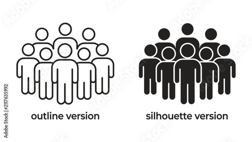 Crowd Icon Duo: A visual representation of a group of people depicted in both outline and silhouette styles, symbolizing unity and collective identity.