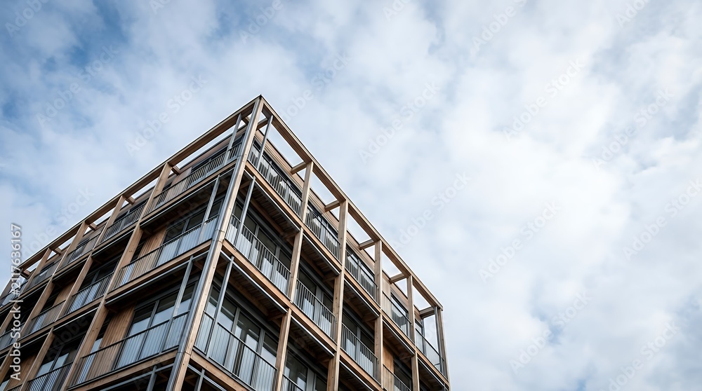 Obraz premium Exterior view of living building real estate object with external facade frame walls and windows in foreshortening from below against cloudscape background representing architecture and property