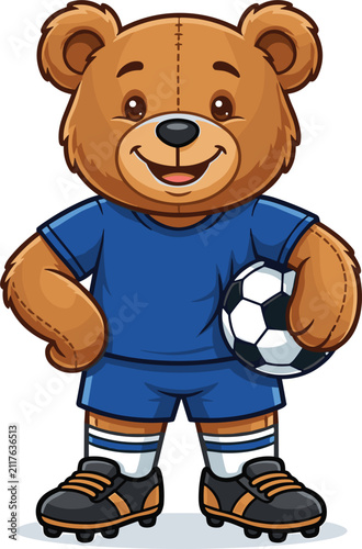 Stitched plush brown teddy bear wearing a blue soccer uniform holding a football vector character