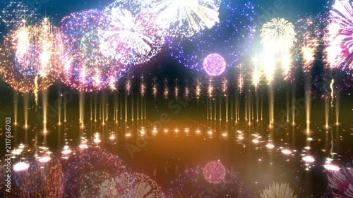 Spectacular Fireworks Display Stage Background Loop with Colorful Pyrotechnics, Glowing Light Columns, and Water Reflections for Festive Celebrations