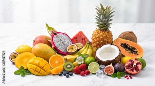 Vibrant Tropical Fruit Arrangement with Fresh Mint and Ice