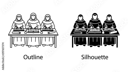 Fotografie Monks in Scriptoria: Two visual styles, outline and silhouette, depict a trio of robed monks meticulously transcribing texts at a long wooden table