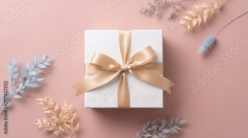 Elegant Gift Box with Dried Foliage Soft Pink Background