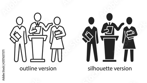 Canvastavla Political Debate Icons: Simple line art and silhouette icons representing figures at a podium, symbolizing political debate, discussion, or public speaking