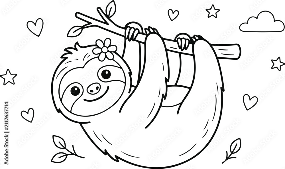 Obraz premium Cute cartoon sloth hanging on a branch