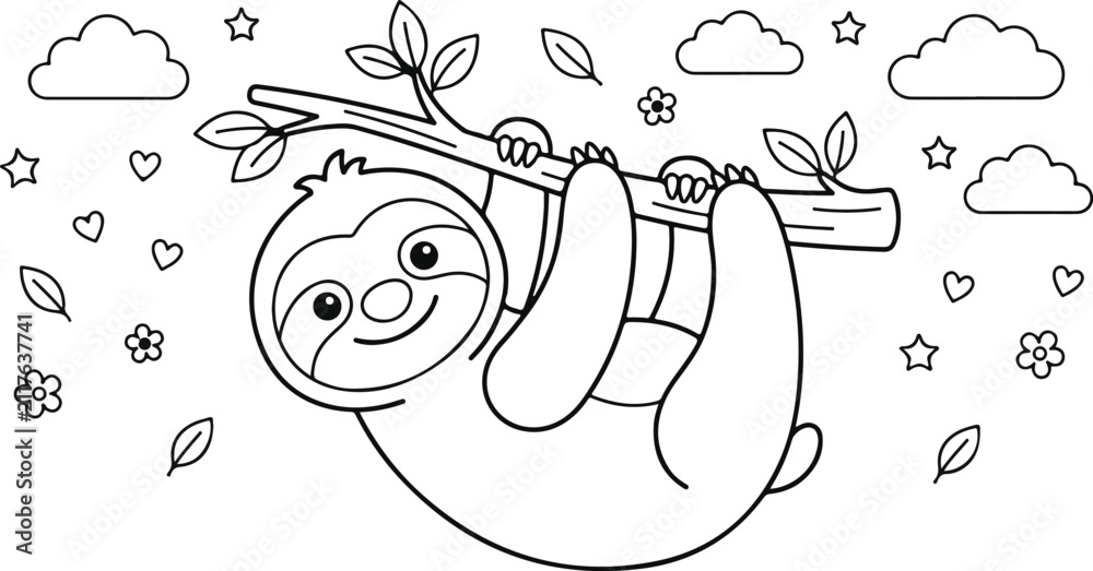 Obraz premium Cute cartoon sloth hanging on a branch with clouds, coloring page for kids
