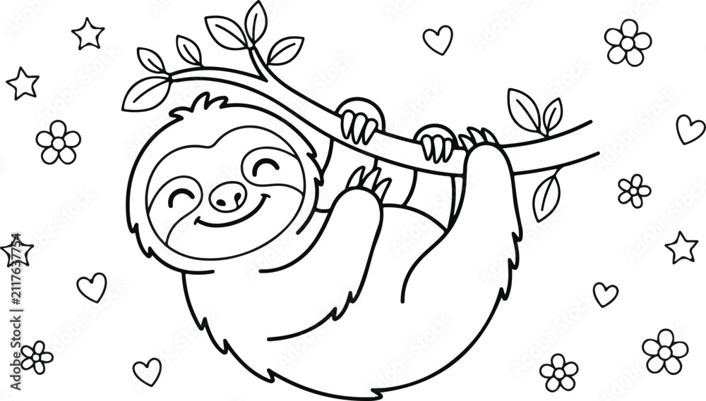 Obraz premium Cute cartoon sloth hanging on a branch, coloring page for kids