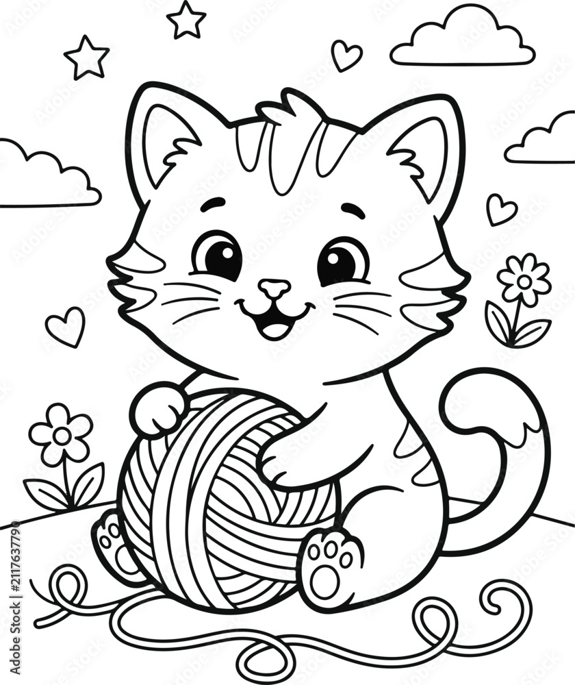 Obraz premium Cute cartoon kitten playing with a ball of yarn, coloring page for kids