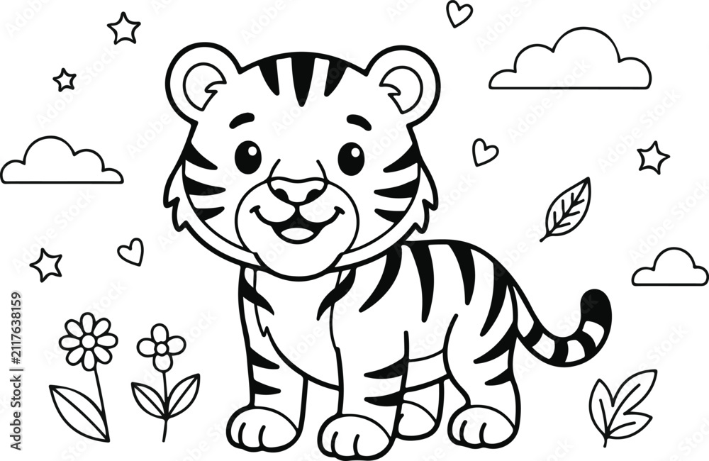 Fototapeta premium Cute cartoon tiger cub standing in a meadow with flowers and stars