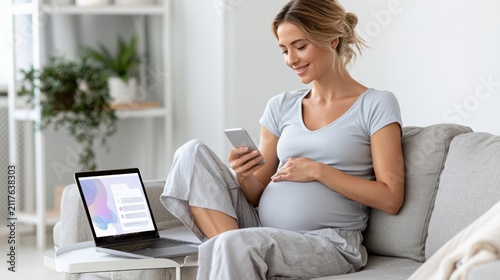 Modern Pregnant Woman Checks Health App on Smartphone While Sitting Beside Laptop in Minimalist Home Office