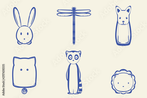 Charming collection of hand drawn animal characters including rabbit and lemur set on plain background for creative projects work.