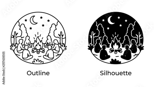 Campfire Circle: Two illustrations depict a group of people sitting around a campfire under a starry night sky, one in outline and the other as a silhouette.