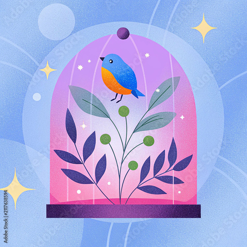 Colorful Bird Under a Glass Dome with Blooming Flowers – Flat Vector Nature Illustration