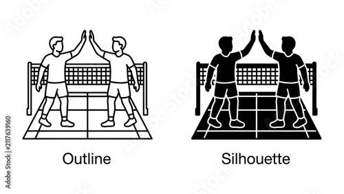 Konstfotografi Volleyball Team High Five: Two volleyball players, depicted in both outline and silhouette, exchange a celebratory high five at the net, symbolizing teamwork and victory