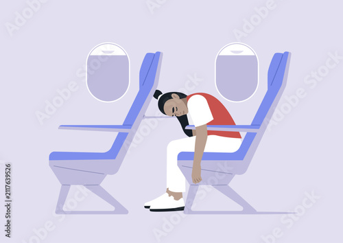Head resting on a tray table, a weary traveler drifts into deep sleep, surrounded by empty seats and the gentle hum of engines, as the airplane soars gracefully through the sky.