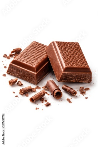 Chocolate bars with curls isolated on white background