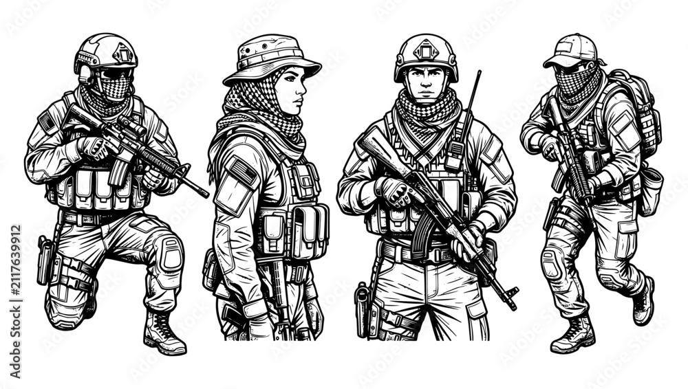 Fototapeta premium Set of soldiers in combat gear. Military infantry troops in tactical uniform illustration.