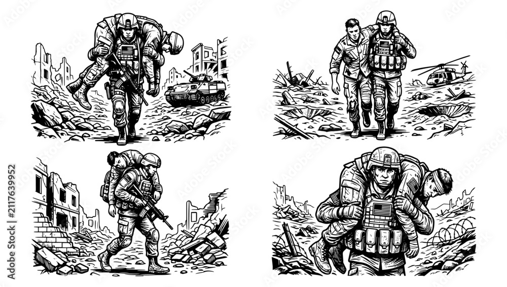 Fototapeta premium Soldiers rescuing wounded comrade in war. Military troops carrying injured soldier in battle.