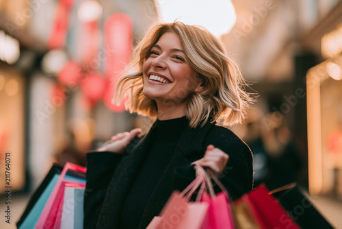 A radiant woman with blonde hair smiles joyfully while carrying colorful shopping bags along a bustling sunlit city street during a late afternoon outing
