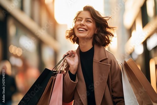 A radiant woman with short hair joyfully walks through an urban shopping district at sunset carrying several colorful shopping bags over her shoulder